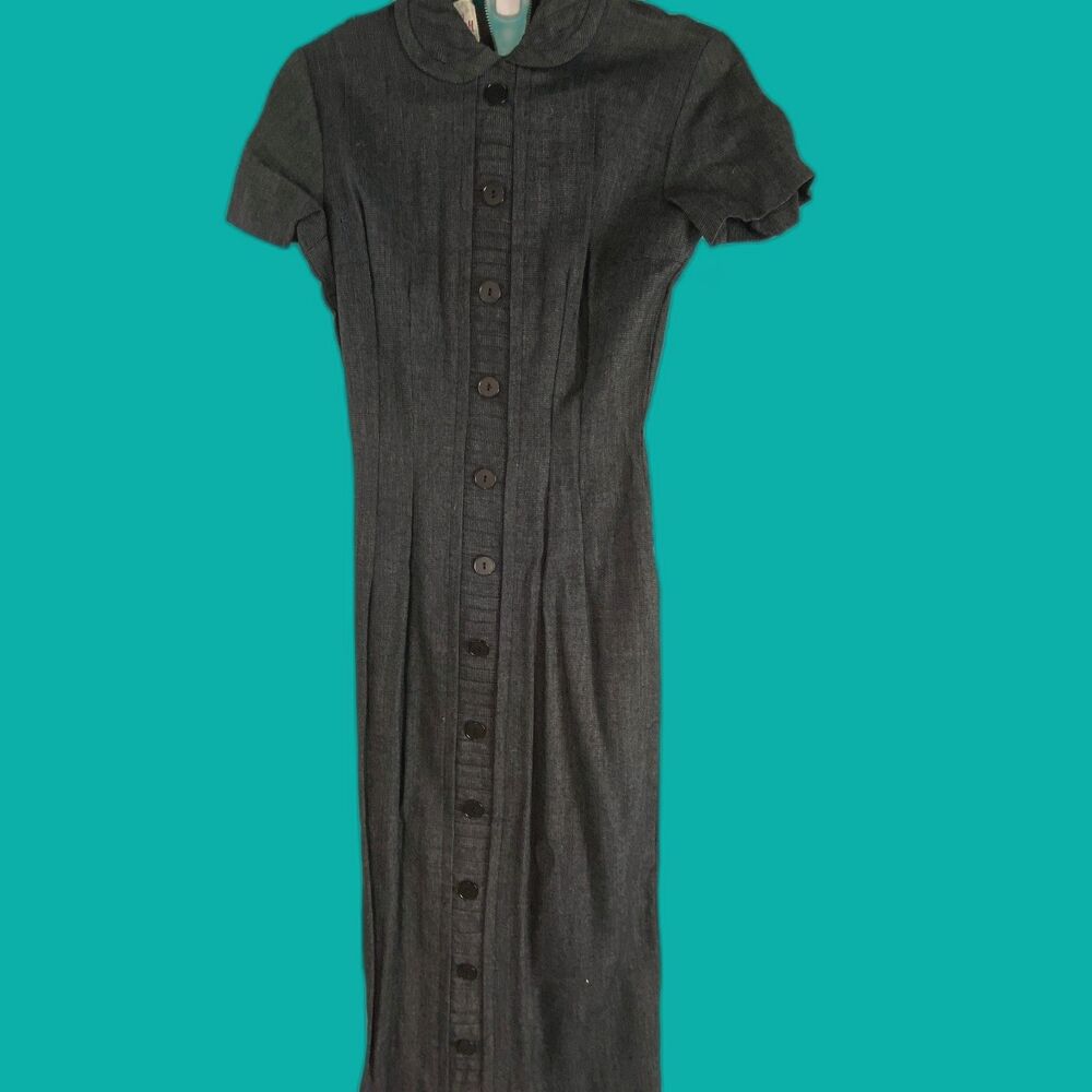 Vintage Betty Barclay Gray Black Button Down Belted Pencil Secretary Dress 11